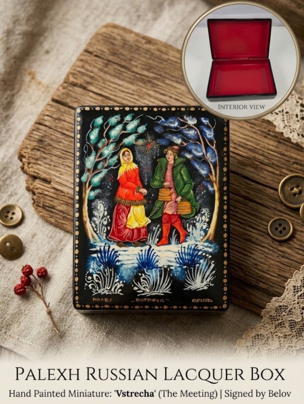 Vintage Palekh Russian Lacquer Box Hand Painted "The Meeting" Signed